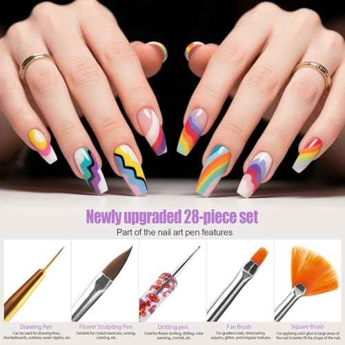 Artdone 28pcs Nail Art Brushes, Nail Art Tool Set, Dotting Tools, Dust Brush,Striping Brushes for Long Lines, Drawing Pen For Gel Polish Design supply
