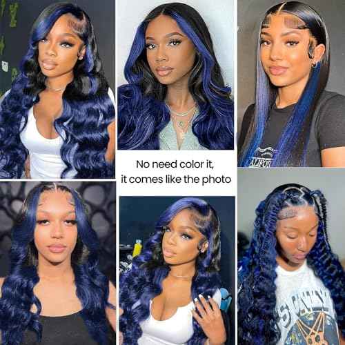 ALHER #1B/BlueBody Wave 13x4 Lace Frontal Human Hair, Black Mix Blue HD Transparent Lace Frontal Closure Ear to Ear 100% Virgin Remy Human Hair for Black Women 150% Density 12 Inch