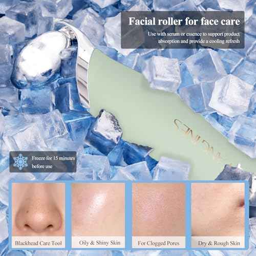Blackhead Scraper Tool & Skin Scrubber Face Spatula for Blackhead Removal, Pore Cleaning, with Cooling Ice Roller & 2 Silicone Brush Heads (Sage Mist)