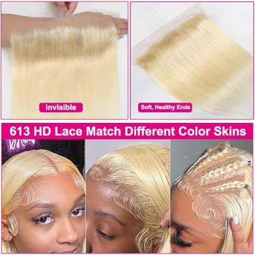 613 Blonde Frontal Straight 13x6 Transparent HD Lace Frontal Closure 12A Brazilian Virgin Remy Hair Free Part Ear to Ear Blonde Human Hair For Women Pre Plucked With Baby Hair 150% 20 Inch