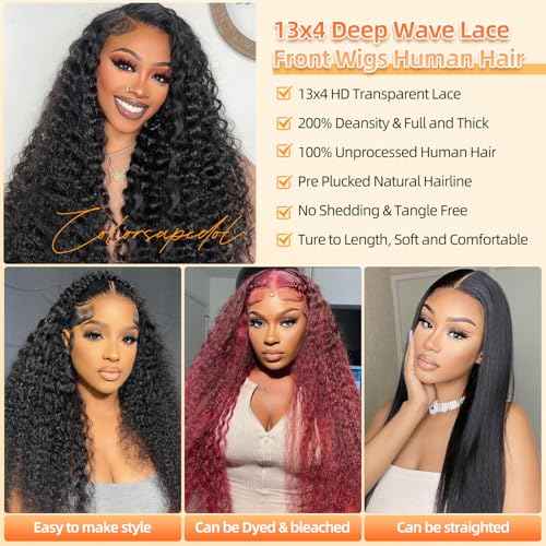 32 Inch Deep Wave Lace Front Wigs Human Hair 200 Density 13x4 HD Transparent Lace Frontal Wigs Human Hair Pre Plucked Deep Curly Glueless Wigs for Black Women Natural Color