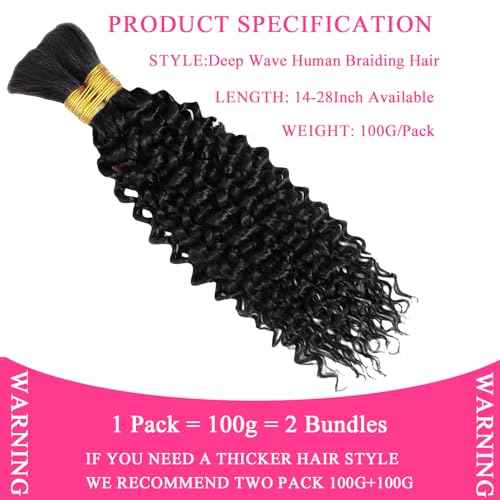 Human Braiding Hair 2 Bundles 100g 22Inch Deep Wave Bulk Human Hair for Braiding No Weft Curly Braiding Hair Bulk Curly Human Hair for Boho Braids 12A Brazilian Virgin Hair Extensions Natural Color