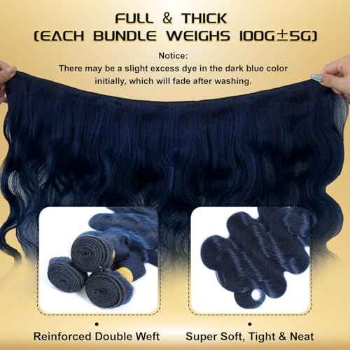 Dark Blue Body Wave Human Hair Bundles, Quick Weave Sew In Wavy 12A 100% Brazilian Virgin Hair, Soft Glossy Thick, Perfect for Quick Weave Sew-In Styles 3 Bundles 12 14 16 Inch