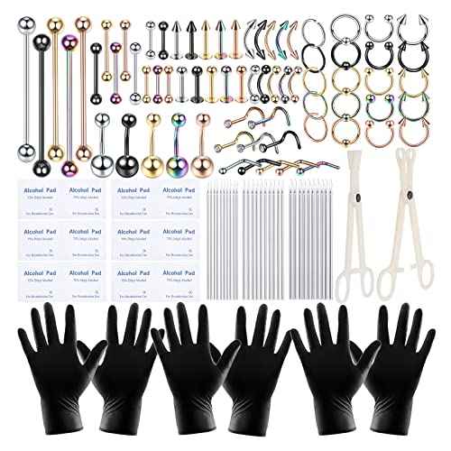 120PCS Body Piercing Kit Surgical Steel 14G 16G 20G BCR CBR Labret Lip Rings Cartilage Daith Earrings Nose Septum Nose Studs Belly Button Rings Piercing Jewelry Needles Gloves Clamps Tools