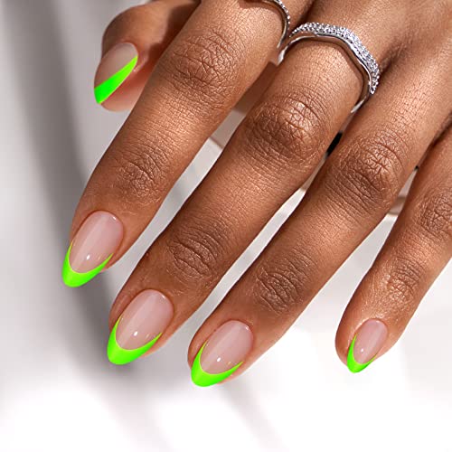 BTArtbox French Tip Press On Nails - Neow Green Press On Nails Short for St. Patrick's Day Gifts, Almond Stick On Nails, Glue On Nails in 16 Sizes - 30 Pcs Soft Gel Fake Nails Kit, Green French