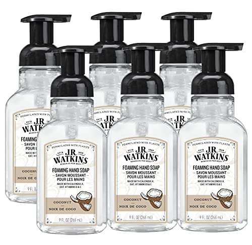 J.R. Watkins Foaming Hand Soap Pump with Dispenser, Moisturizing All Natural Hand Soap Foam, Alcohol-Free Hand Wash, Cruelty-Free, USA Made, Use as Kitchen or Bathroom Soap, Coconut, 9 fl oz, 6 Pack