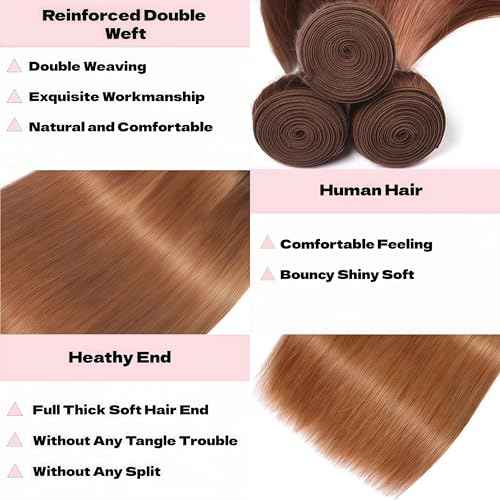 Light Brown Bundles Human Hair Straight 18 20 22 Inch Straight Human Hair Weave 3 Bundles Silky Hair Bundles Brazilian 3 Bundles Human Hair Extensions 30 Color