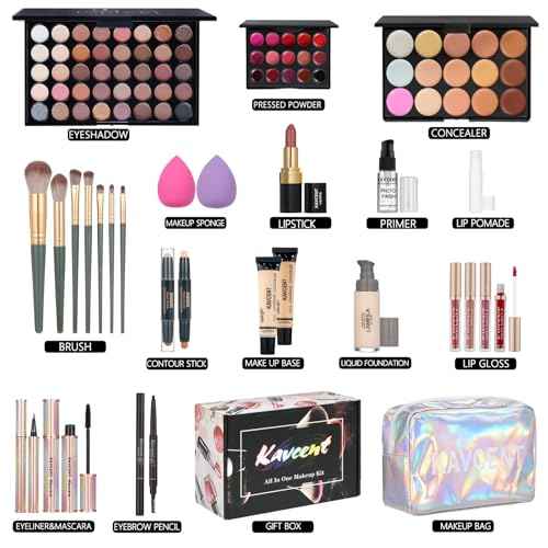 Full Makeup Kit for Girls - Eyeshadow Palette, Lip Gloss & Lipstick, Makeup Brushes, Foundation, Concealer, Mascara, Powder, Makeup Bag
