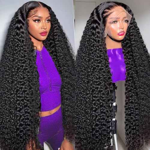 32 Inch Deep Wave Lace Front Wigs Human Hair 200 Density 13x4 HD Transparent Lace Frontal Wigs Human Hair Pre Plucked Deep Curly Glueless Wigs for Black Women Natural Color