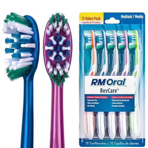 RM Oral RevCare Medium Toothbrush, Circular Power Bristles Power Away Plaque, Tongue & Cheek Cleaner Fights Bad Breath, Value 10 Count