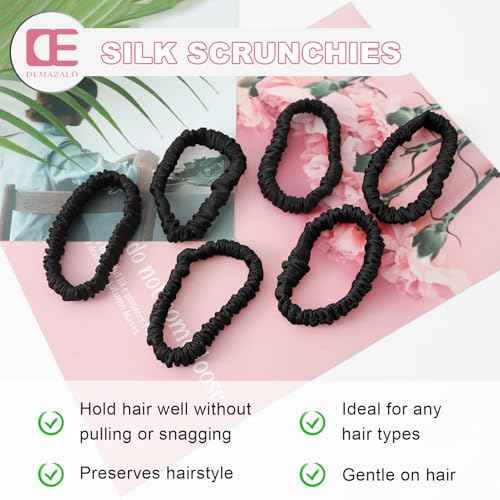 6PCS 100% Mulberry Silk Scrunchies Small Black Silk Hair Ties No Damage Satin Hair Scrunchies for Women Girls Simple Versatile High Elasticity DEMAZALO