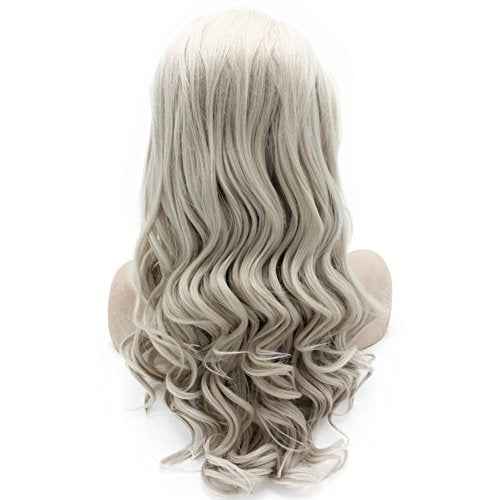 MX angel Long Wavy Celebrity Lace Front Wig Half Hand Tied Heat Resistant Fiber Gray Lace Front Synthetic Hair Wig