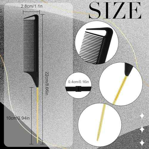 Patelai 30 Pieces Parting Comb for Braids Steel Hair Pin Rat Tail Carbon Fiber Heat Resistant Teasing Combs with Stainless Steel Pintail(Black, Gold)