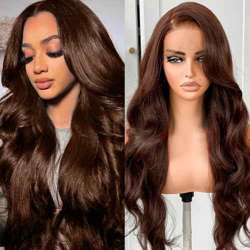 Chocolate Brown Lace Front Wig Human Hair 28 Inch Brown Body Wave Lace Front Wigs Human Hair Pre Plucked 13x4 HD Lace Frontal Wigs 200 Density Glueless Wig