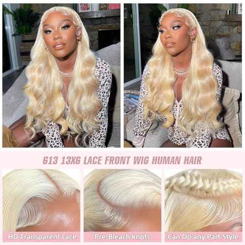 613 HD Lace Frontal Wig 200% Density 13x6 Blonde Body Wave Lace Front Wigs Human Hair Pre Plucked Glueless Wigs for Women (28inch)