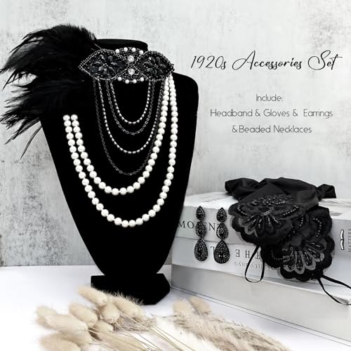 Women 1920s Flapper Set with Headband Beaded Necklaces Earrings Gloves for Vintage Wedding Costume Accessories