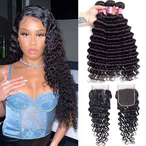 10A Deep Wave Human Hair Bundles with Closure(18 20 22+16 Closure) Brazilian Deep Weave Curly Human Hair 3 Bundles with 4x4 Lace Closure 100% Unprocessed Virgin Human Hair Bundle Natural Color