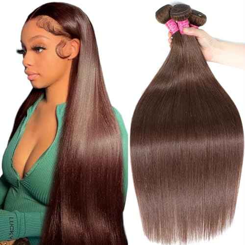 Younsolo Brown Bundles Human Hair Straight 3 Bundles 100% Unprocessed Brazilian Bundles Human Hair 12A Chocolate Brown Straight Bundles Hair Extensions 4# Color 16 18 20 Inch