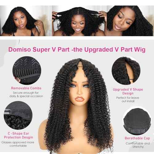 Domiso 22 Inch V Part Wig Human Hair Upgraded Afro Kinky Curly V Part Wigs Pre-Minimum Leave Out Anti Slip Elastic Band & Removable Clips Glueless Wigs 200% Density Half Wig Beginner Wigs