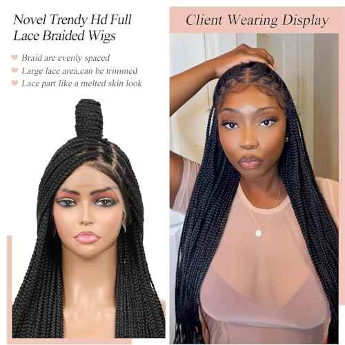 Lexqui 36'' 360¡Æ HD Full Lace Knotless Braided Wigs for Women Box Braid Wig with Baby Hair Premium Synthetic Braided Lace Front Wigs Natural Black
