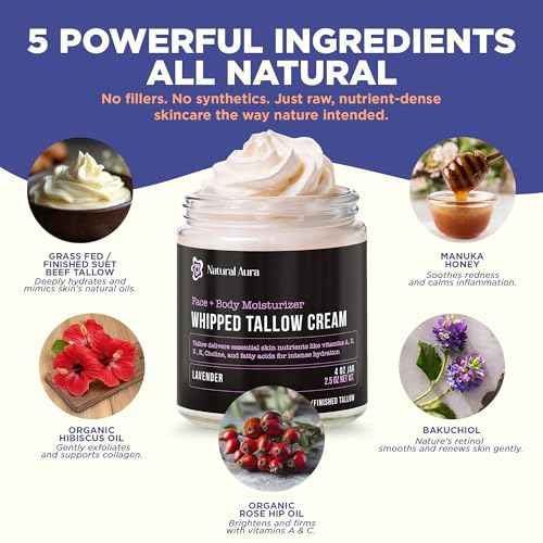 Whipped Beef Tallow for Skin - Face + Body Moisturizer, 100% Grass Fed Grass Finished Tallow and Honey Balm for Dry Skin - Natural Lotion - Free of Harsh Chemicals - 4oz, (Lavender)