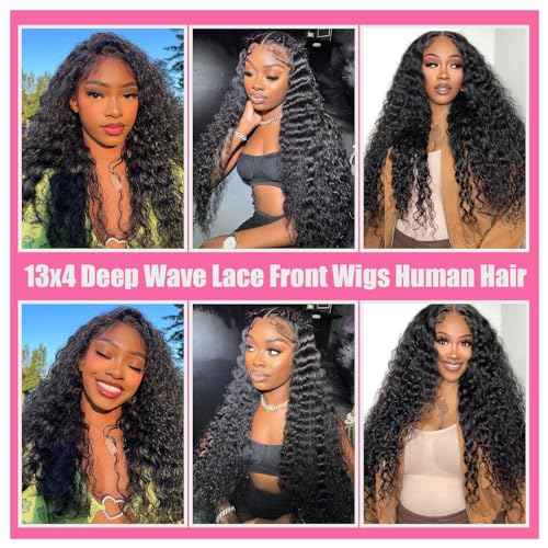26 Inch Deep Wave Lace Front Wigs Human Hair 13x4 Deep Curly Human Hair Wig Pre Plucked 180% Density HD Transparent Lace Front Wigs for Black Women Natural Black