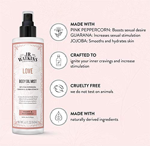 J.R. Watkins Love Body Oil Mist, Hydrates Skin and Boosts Stimulation, Natural Peony & Patchouli, 4.8 oz