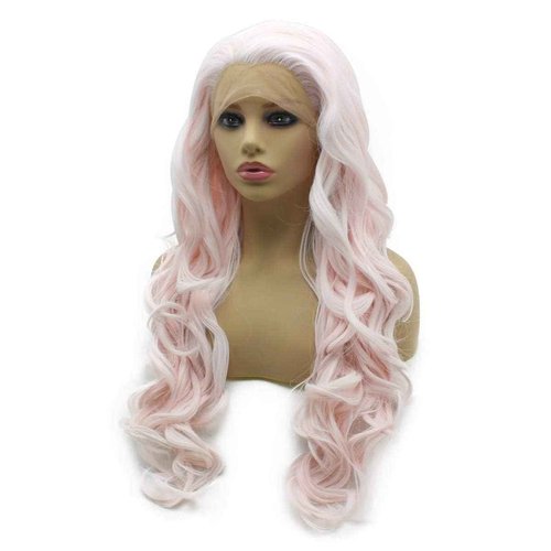 iwonawig Long Wavy Lace Wigs White Pink Half Hand Tied Synthetic Lace Front Halloween Heat Resistant Wig