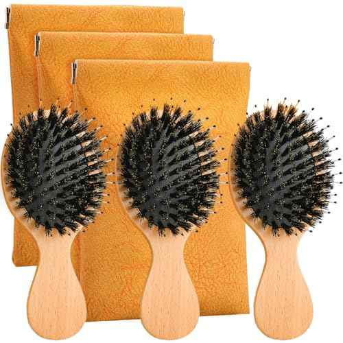 Travel Hair Brush, 3-Pack Mini Boar Bristle Hair Brush for Women - Small Portable Compact HairBrush for Girls Kids Women Best Gift, Travel Size for Purse, Vacation, Business Trips & Outings