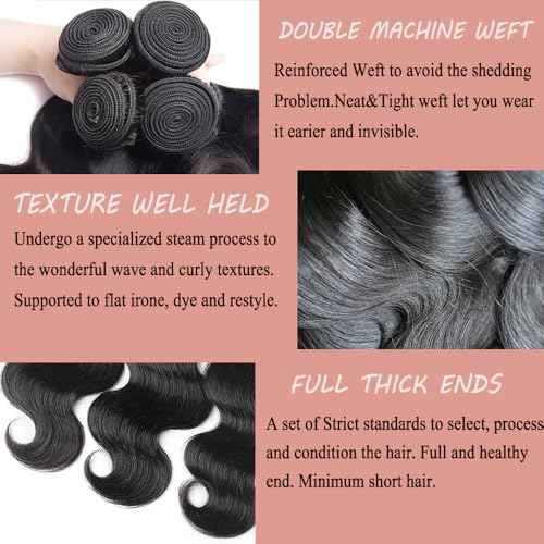 12A Human Hair Bundles Body Wave 100% Unprocessed Brazilian Virgin Hair 3 Bundles Human Hair Extensions Quick Weave Human Hair (20 22 24 Inch)