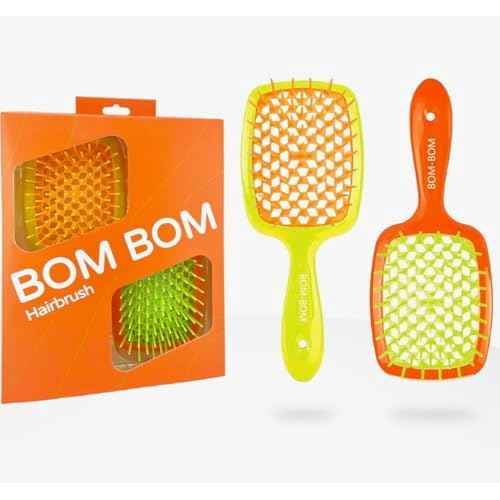 BOM BOM 2 Unit Kit, Wet And Dry Vented Detangling Hair Brush For All Hair Types, Light Weight Hairbrush, Scalp Massage Brush (Orange yellow)
