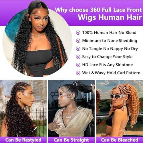 360 Lace Front Wigs Human Hair Hidden Strap Deep Wave Lace Front Wigs Human Hair Pre Plucked with Drawstring 180% Density Deep Wave Wig 360 Glueless HD Full Lace Front Wigs for Women 26 Inch