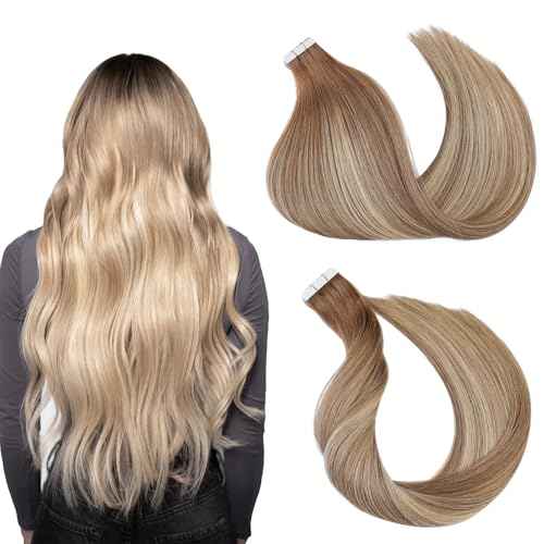 Tape in Hair Extensions £¬Real Human Hair Extension,Bleach and Caramel Blonde Human Hair 22 inch 20pcs 50g,Thick Ends Straight Seamless, Invisible Tape in Hair Extensions Human Hair