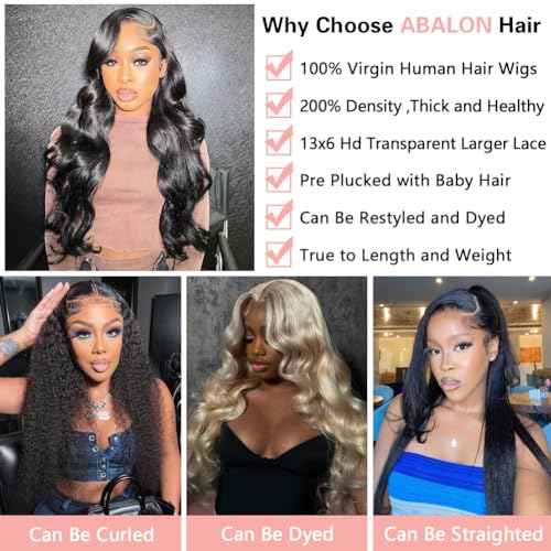 ABALON 13x6 Body Wave Lace Front Wigs Human Hair 200% Density 22 Inch HD Lace Frontal Wigs Human Hair Pre Plucked Body Wave Wig Glueless Wigs for Women Brazilian Virgin Wigs