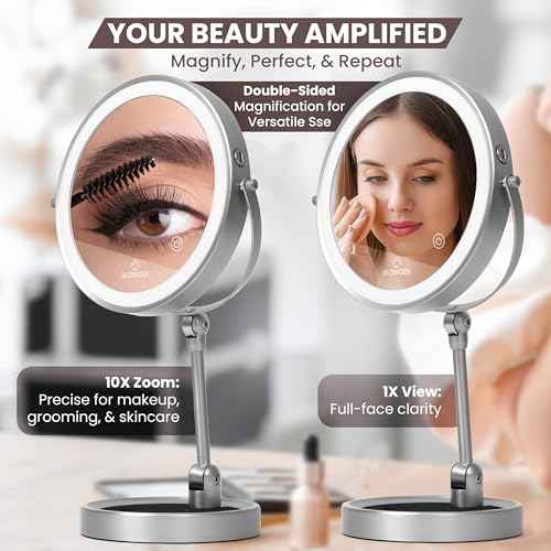 Smart 9" LED Light Makeup Mirror, Rechargeable, 1X/10X Magnifying Vanity Mirror with 3 Color Lights, Height Adjustable, Large Tall 360¡Æ Swivel Double Sided Standing Travel Mirror (Nickel)