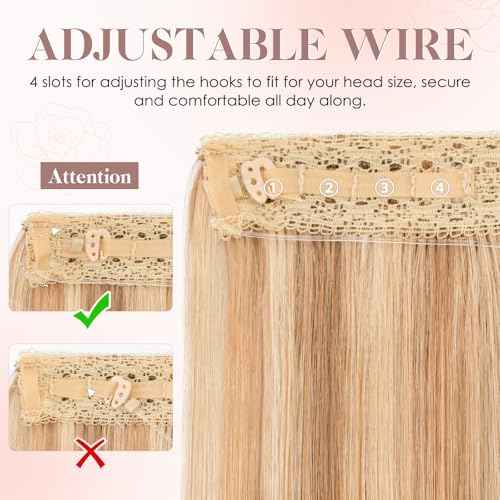 S-noilite Halo Hair Extension Invisible Wire in Real Remy Human Hair Extensions with Clips Adjustable Hidden Wire in Hair Extension for Women 16 inch Camel Bown Highlighted Blonde