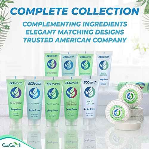 EcoEarth Hotel Toiletries Bundle (Spring Breeze, 1 oz each, 200 Pieces) 4-Piece Set: 50 Round Bar Soap, 50 Shampoo, 50 Conditioner & 50 Body Lotion - Bulk Mini Guest Amenities