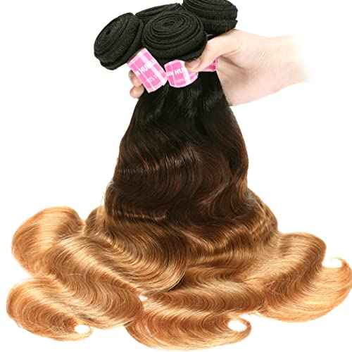 Sunber Ombre Brazilian Hair Bundles Body Wave 12A Grade Human Virgin Hair One Bundles 3 Tone 1B/4/27 Color Hair Extensions 22Inch T1B/4/27 Color