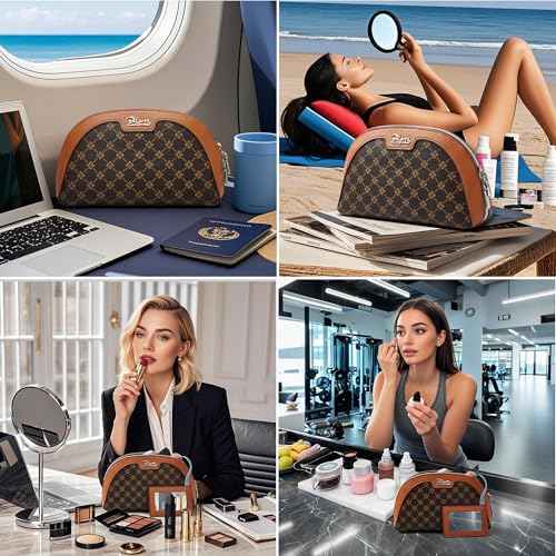 BOYATU Small Travel Makeup Bag for Women: Elegant Vegan Leather Cosmetic Pouch for Purse - Waterproof Toiletry Bag with Mirror(010-coffee)