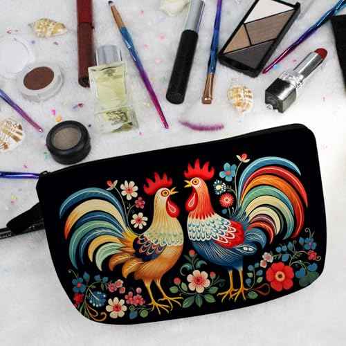 Floral Roosters Makeup Bag Colorful Chicken Small Organizer Bag Zipper Pouch Ethnic Style Roosters Print Cosmetic Bag Present for Women Friends