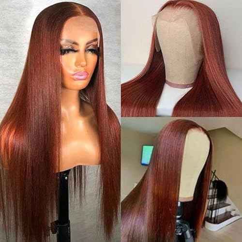 Reddish Brown Lace Front Wigs Human Hair For Black Women 13x4 HD Transparent Straight Lace Front Wigs with Baby Hair Cooper Red Glueless Wigs Pre Plucked (22 Inch, Reddish Brown)