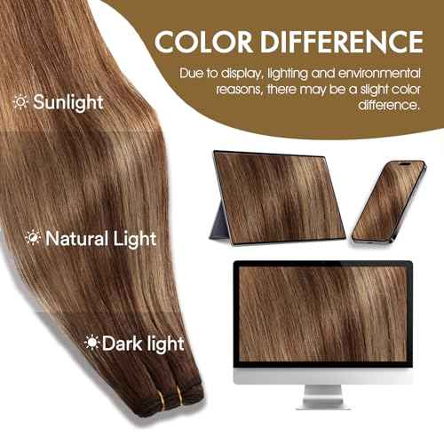 Sew in Hair Extensions Real Human Hair, 110g 16 inch Medium Brown Highlight Honey Blonde Weft Hair Extensions Remy Straight Weave Bundles