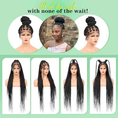 Youthfee 360¡Æ HD Full Lace Knotless Braided Wigs for Women Box Braided Wigs with Baby Hair Premium Synthetic Natural Looking Braid Lace Front Wigs Black 36 Inch