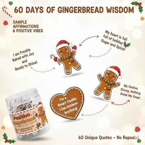 Positive Gingerbread Christmas Jar with 60 Affirmation Cards, Emotional Support Gingerbread Holiday Gift, Cute Gingerbread Decor, Christmas Gingerbread Gifts for Women, Men, Teens, Teachers