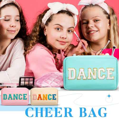 6 Pcs Dance Makeup Bag Cosmetic Bag with Chenille Letter Patches Waterproof Portable Cheerleader Toiletry Zipper Pouch for Girl Women Appreciation (Pastel Colors)