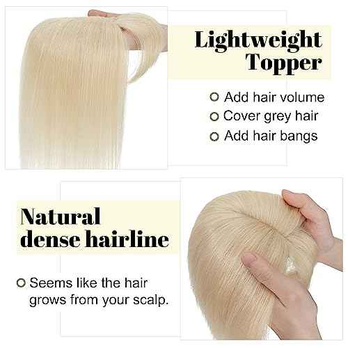 SEGO Hair Toppers for Women With Bangs Real Human Hair, 130% Density 10 * 12CM Silk Base Clip in Top Wiglet Hairpieces for Thinning Hair-12 Inch 60 Platinum Blonde