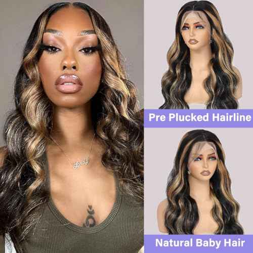13x6 1b/27 Highlight Ombre Balayage Lace Front Wigs Human Hair Black and Blonde Body Wave HD Transparent Lace Frontal Wig Pre Plucked with Baby Hair for Black Women 180% Density Wig 20 Inch
