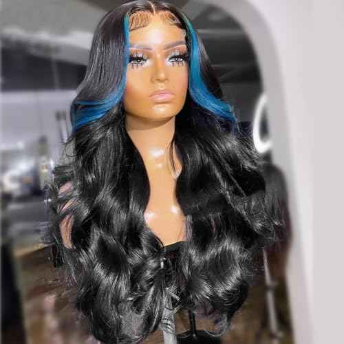 JYZ Skunk Stripe Wig Human Hair Dark HD Blue Lace Front Wig Human Hair Wavy 13X4 Blue Colored Wigs 200% Density Pre Plucked with Baby Hair 18inch Middle Part