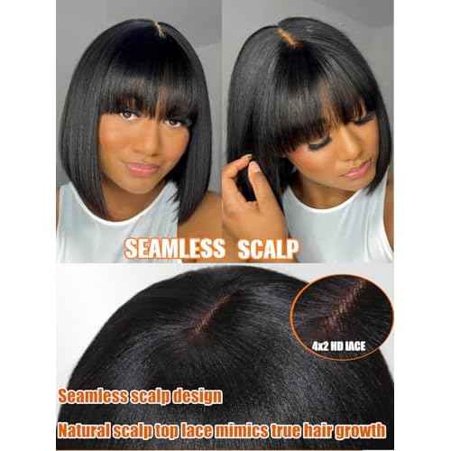 Julia Hair 10 Inch Light Yaki Straight Bob Wig with Bangs Human Hair Glueless 2x4 HD Lace Realistic Short Black Ready to Wear Blunt Cut Bob Wigs Natural for Black Women Beginner Friendly