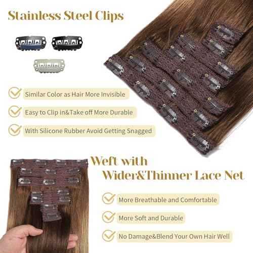 Clip in Hair Extensions Real Human Hair, 20 Inch 7pcs 70g/Pack - Ombre Chocolate Brown to Caramel Blonde, Soft Remy Human Hair Clip in Extensions Straight Capable for all Occasion (20 Inch)